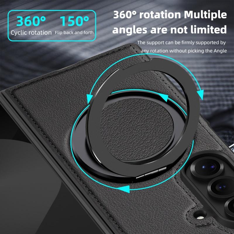 Für Samsung Galaxy Z Fold7 Fold6 Fold5 Fold4 Hülle Magsafe Magnetisch 360° Drehung Intelligenter Metallhalter Ständer Mattschwarze Lederhülle