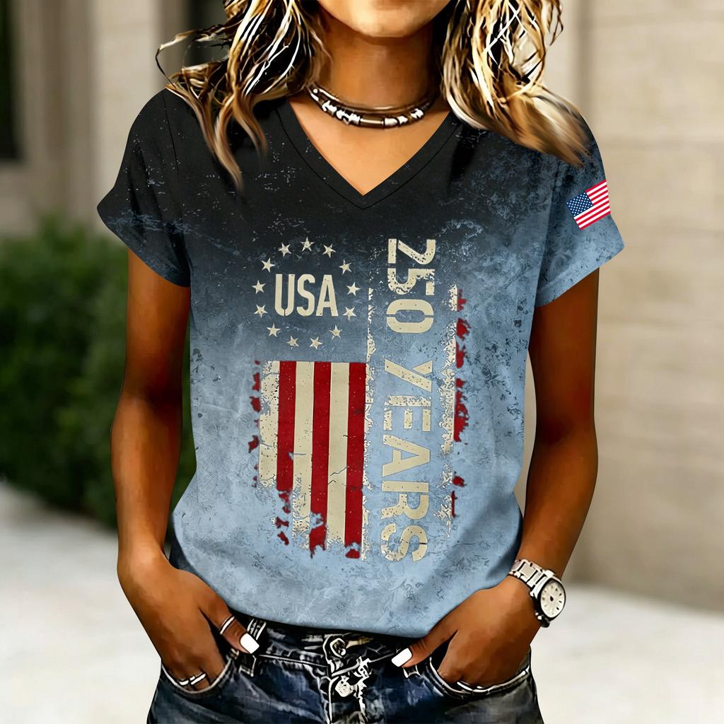 Women’s V Neck Short Sleeve Casual Letter Print T Shirt Top with USA 250 Years Graphic for Everyday Wear