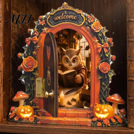 Unique Halloween Shelf Decor Mouse Hole Wall Decoration, Retro Arched Fairy Door with Pumpkin Cute Room Accessories & Flower Decor, Miniature Openable
