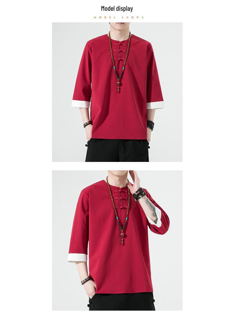 Men's Retro Plus Size Cotton Linen Hanfu T-shirt with Frog Button, Three-Quarter Sleeves