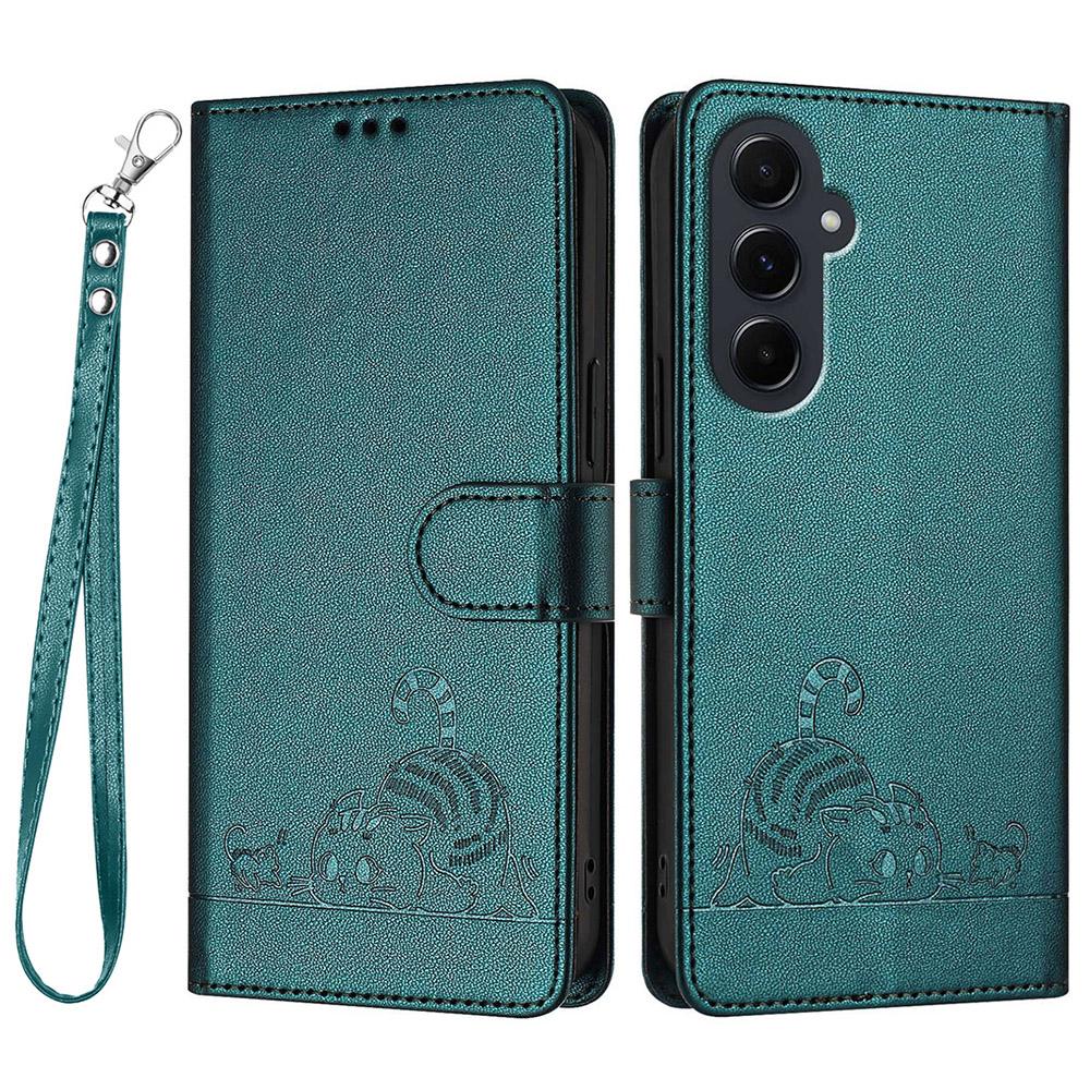 Für Samsung Galaxy A55 5G Hülle mit Riemen RFID-Blockierende Leder-Brieftasche Handyhülle Katze Maus Muster