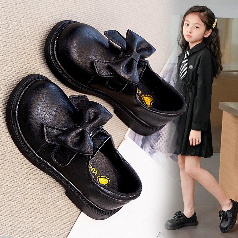 Girls Leather Shoes Spring Bow Performance Shoes Soft Sole Fashion Loafers Mary Jane Shoes for Kids