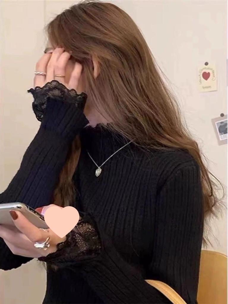 Plus Size Lace Trim Knitted Sweater - Women's Autumn/Winter Slim Fit, Semi High Neck, Long Sleeve Top