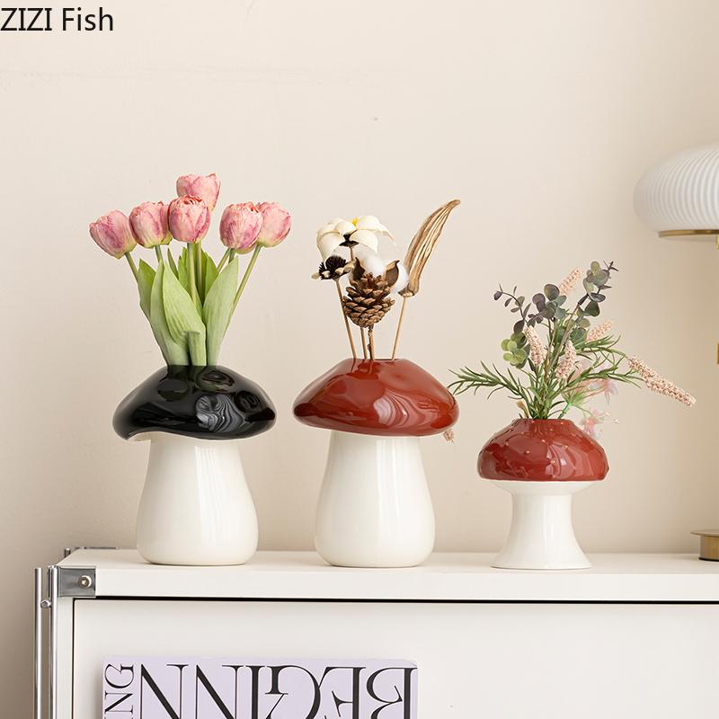 Creative Mushroom Shape Ceramic Vase Plant Pot Table Decoration Flowers Arrangement Artificial Flower Vases Room Aesthetic Decor