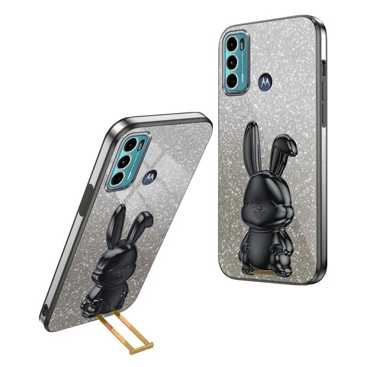 

Чехол для Motorola Moto G60 с блестками из ПК+ТПУ с рисунком кролика и подставкой