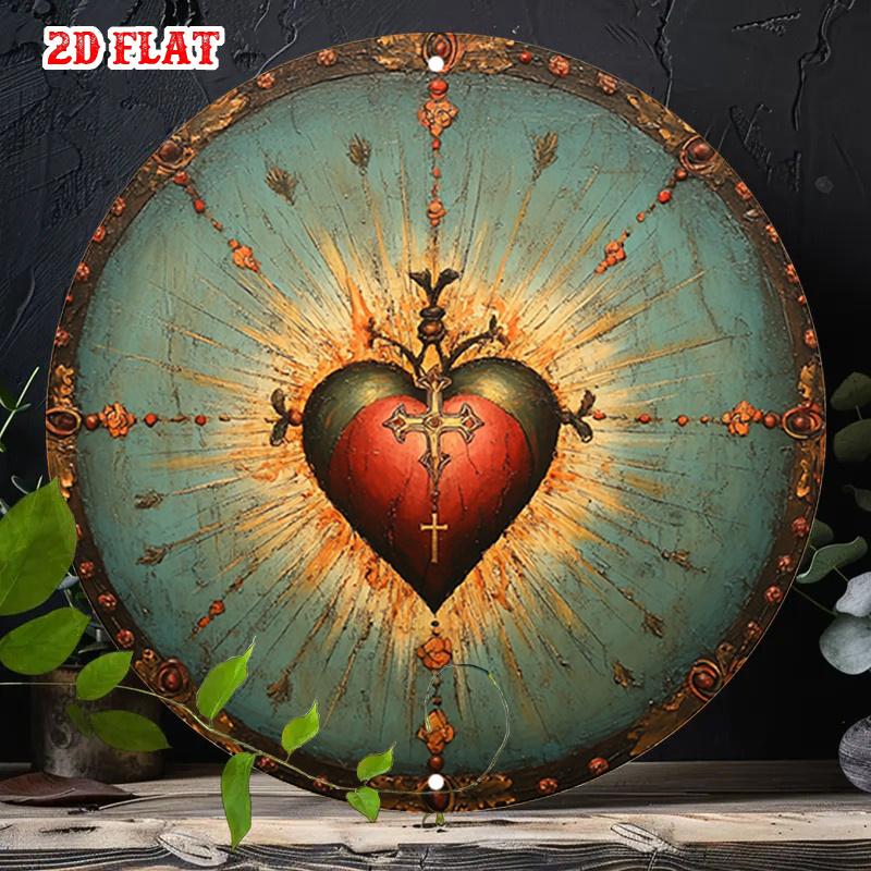 Sacred Heart with Cross Vintage Style Tin Sign Vintage Durable Metal Plaque Wall Decor Home Office Bar Man Cave Wall Art