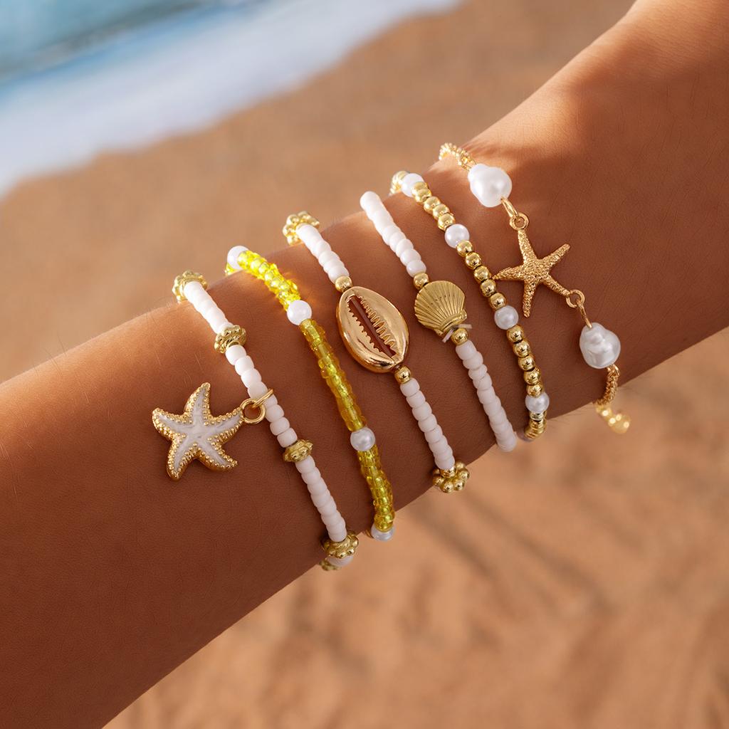 6Pcs Bohemia Starfish Shell Bracelet Set For Women Summer Beach Pearl Seed Bead Chain Bangle Female Vacation Jewelry Gift