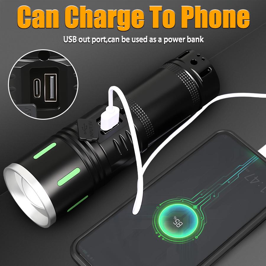 High Power Led Flashlights with COB Light Type-C Rechargeable Torch Zoomable Lamp for Outdoor Camping Fishing Emergency Lantern