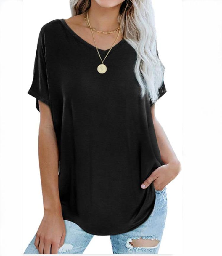 Women Summer T Shirts Casual Loose Fit V Neck Short Sleeve Basic Tee Top