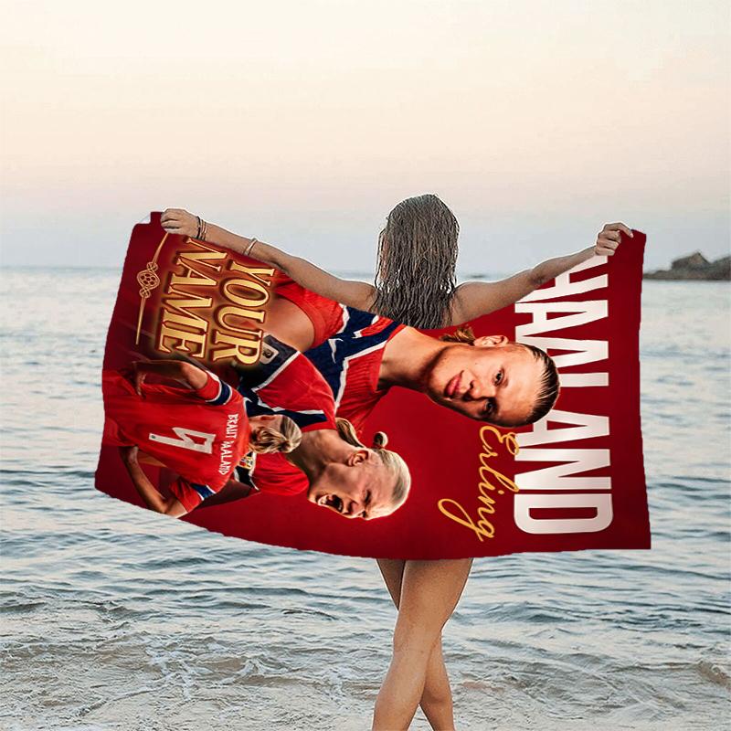 1pc Haaland Beach Towel with Custom Name, Beach and Seaside Swimming Pool Equipment, Fashion Pattern, Rectangular, Travel Essential