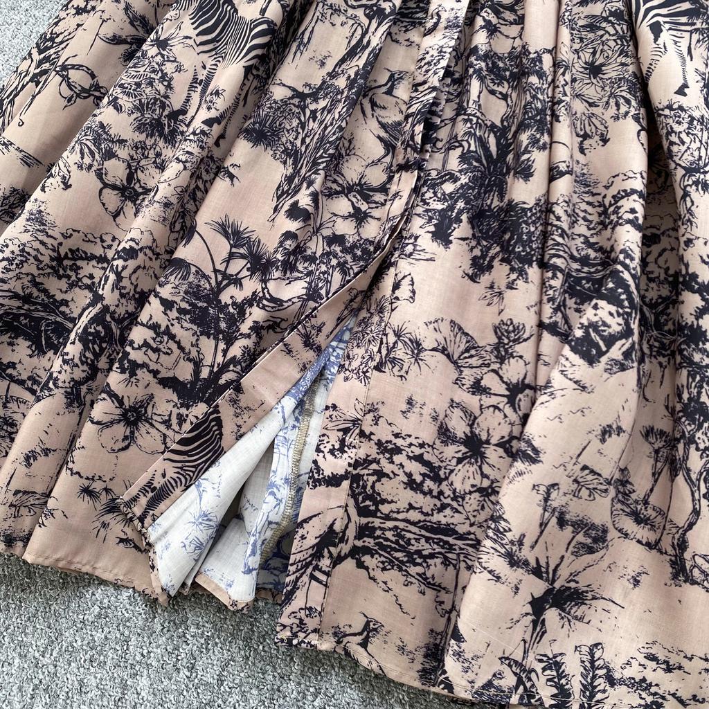 Women's Lapel Collar Vintage Midi Shirt Dress Summer Runway Pleated Short Sleeve Retro Jungle Print Belt Ladies Midi Dresses