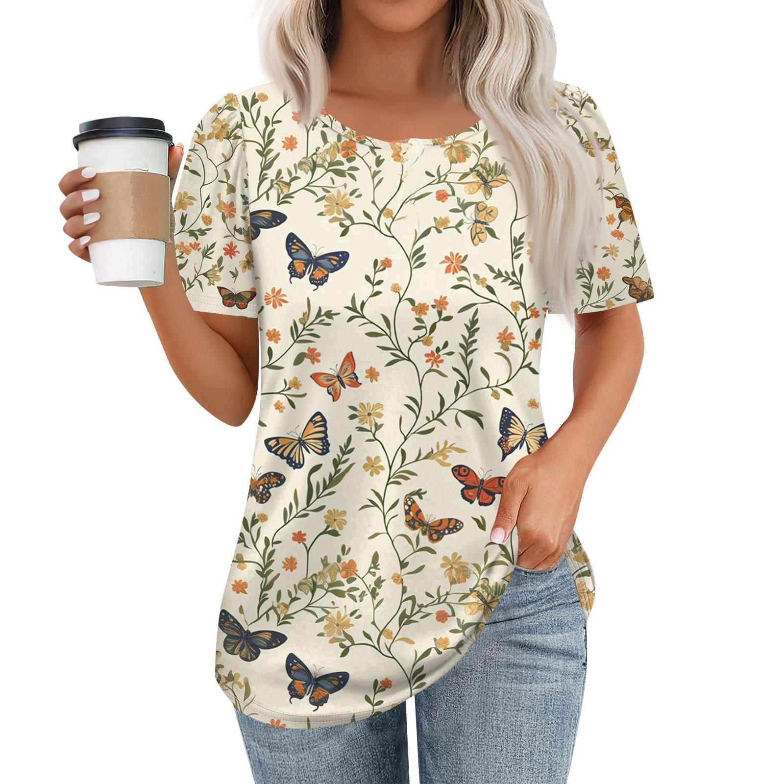 

Женская модная повседневная футболка с коротким рукавом и цветочным принтом на пуговицах с 3D-принтом и круглым вырезом 6XL