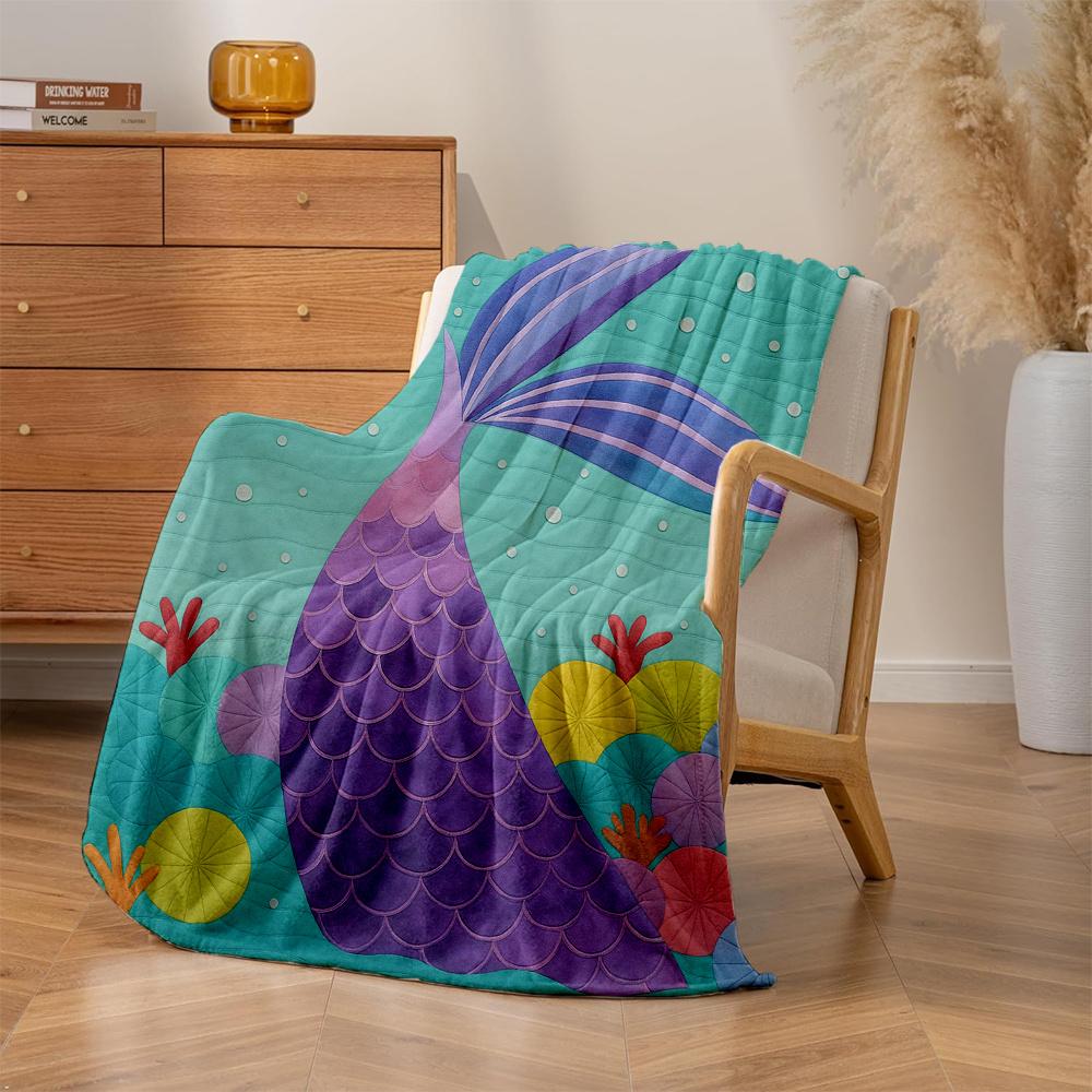 1 stuks Turquoise Blauw & Paars Zeemeerminstaart Pluche Deken - Zachte Gewatteerde Flanellen Sprei met Glinsterende Schubben, Alle Seizoenen