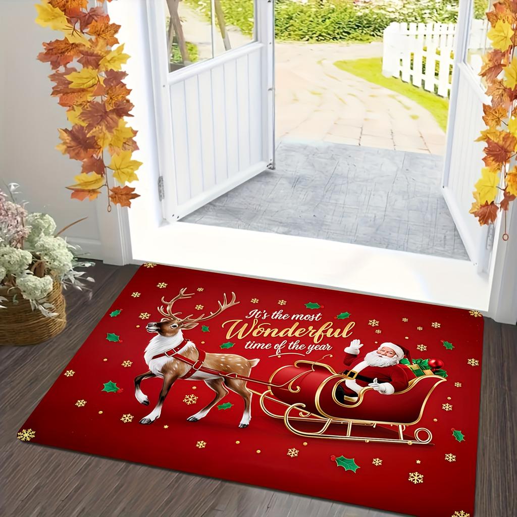 1Pcs Christmas Kitchen Rug, Santa Claus Reindeer Print Floor Mat, Non Slip Washable Carpet, Holiday Decorative Rug for Kitchen Entryway Home Decor