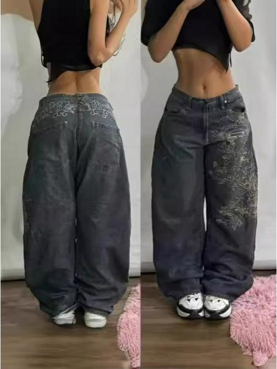 Men's High-Waisted Hip-Hop Loose Denim Embroidered Casual Jeans