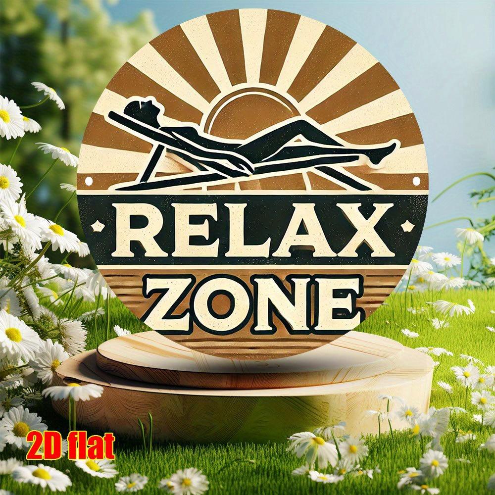 D Flat Vintage Relax Zone Metal Tin Sign cm Round Aluminum Wall Art with Sun Lounge Chair Design RelaxationTheme