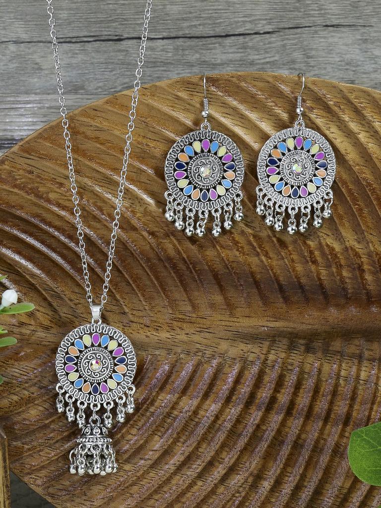 Bohemian Style Earring Necklace Set with Retro Ethnic Style Inlaid Multi-color Zircons for Women's Set