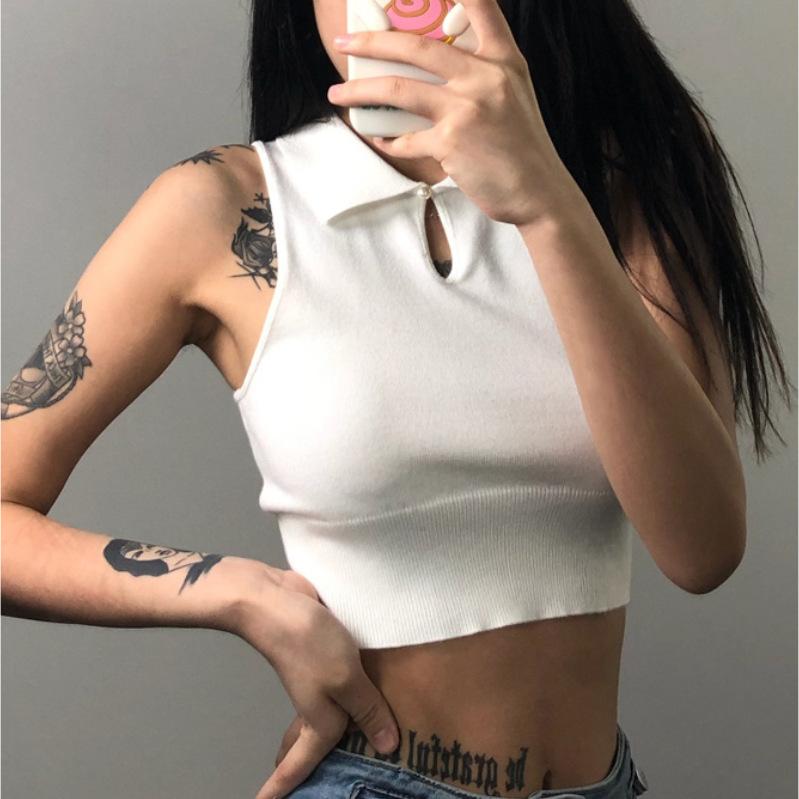 New Summer Short Lapel with A Button Hollow Knitted Sleeveless Vest Simple Ins Body Top