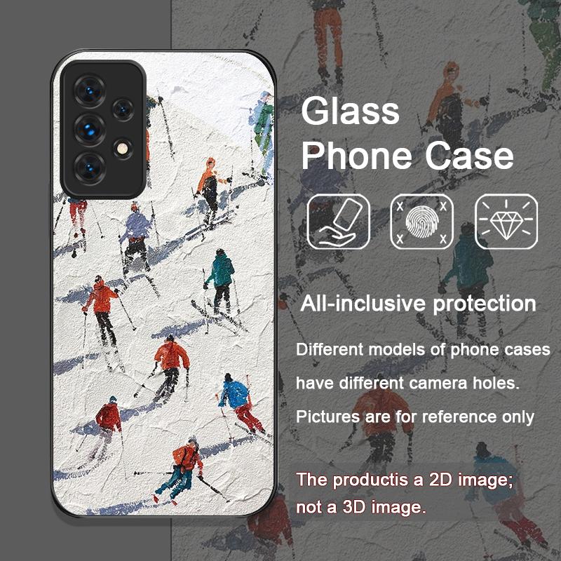 Oil Painting Art Snow Scenery Skiing Tempered Glass Phone Case for Samsung Galaxy A56 A72 A55 A54 A53 A52 A36 A15 A14 A13 Covers