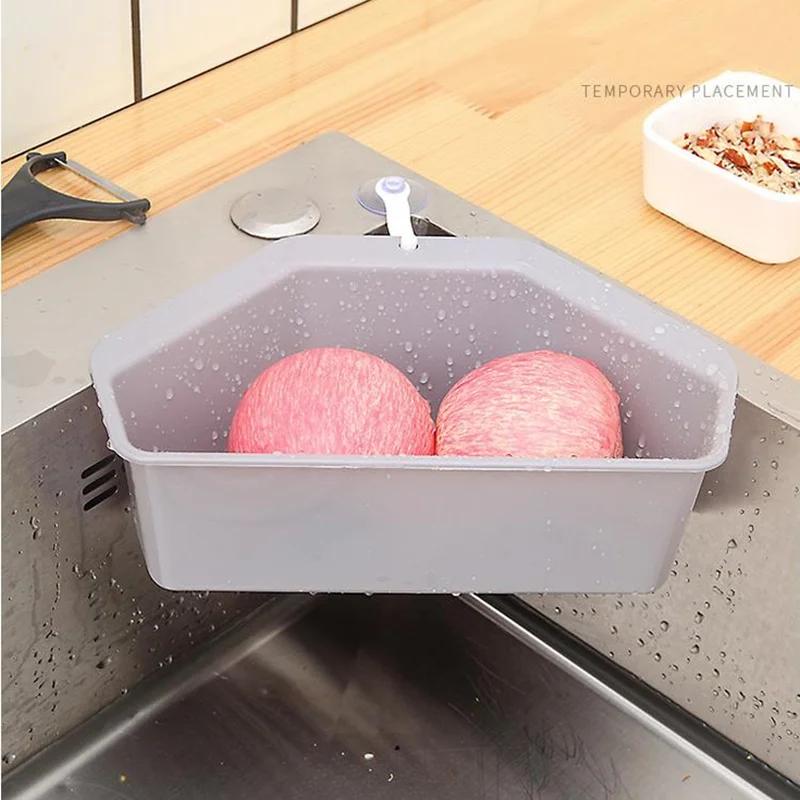 Dreieckiges Spülbeckensieb, Abtropfkorb für Obst und Gemüse, Saugnapf, Schwammhalter, Aufbewahrung, Küchenutensilien, Spülbeckenfilter, Regal