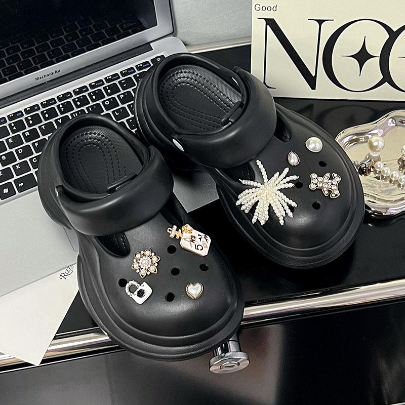 Height-increasing Hole Shoes Women's Summer Wear Non-slip Bear Pearl Flower Bag Head Hole Shoes Two-color Thick-soled Cool Slippers