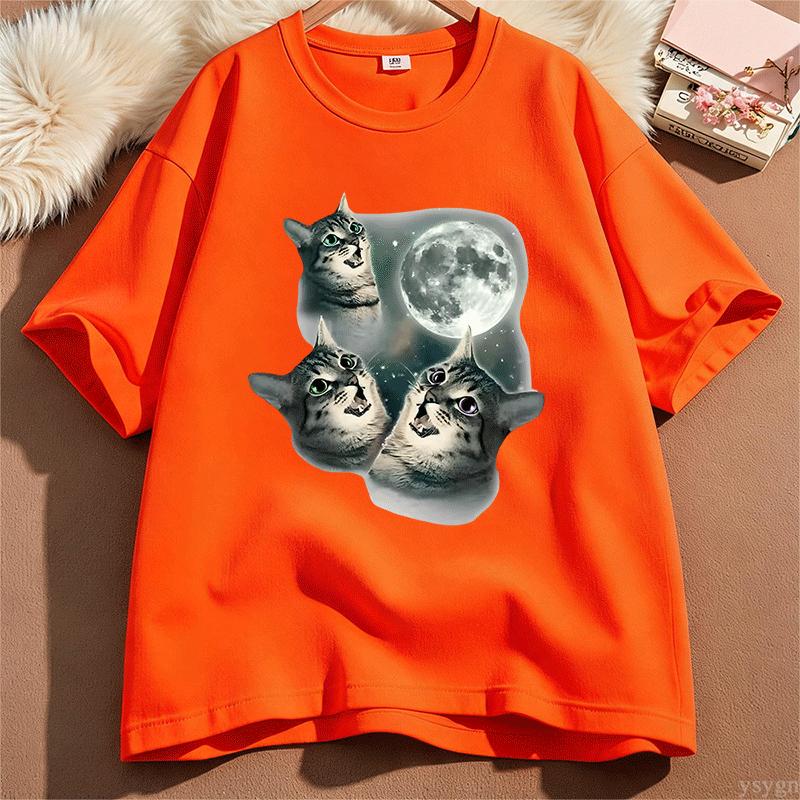Three Cat Moon T Shirt Unisex Unisex Cotton Short Sleeve Funny Cat Parody TShirt Wolf Moon Cat Cute Kitten Tshirt Male Clothes Tops
