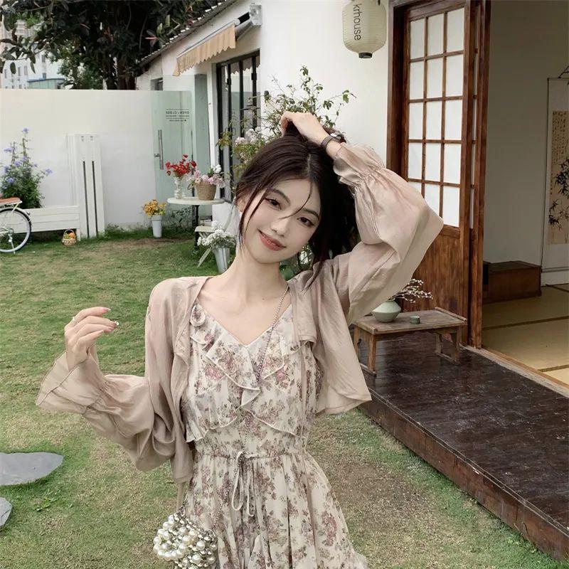 Women s Floral French Ruffle Camisole Dress & Cardigan Set - Slimming Summer Maxi S (recommended 80-100 jin)