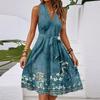 Women's Spring And Summer Casual V-Neck Sleeveless Waist Floral Print Midi Dress