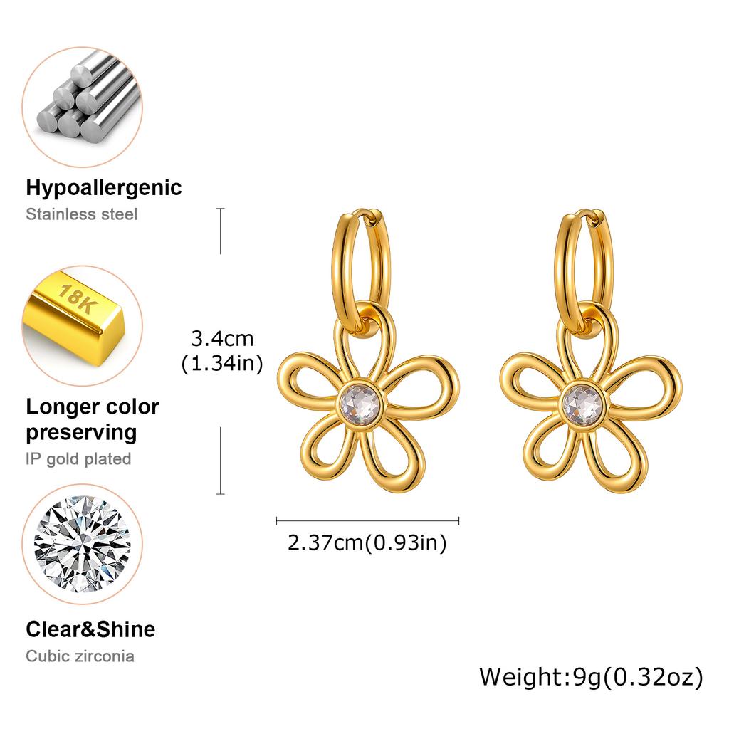 Chic Zircon Flower Hoop Earrings for Women,Gold Plated Stainless Steel Flower Dangle Earrings,Fashion Daily Jewelry Gift