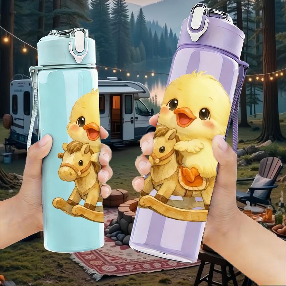 1PC Chick On Rocking Horse Print 750ml Color Plastic Sports Water Bottle Leakproof Flip Straw Lid Suitable for Sports Office Home Use