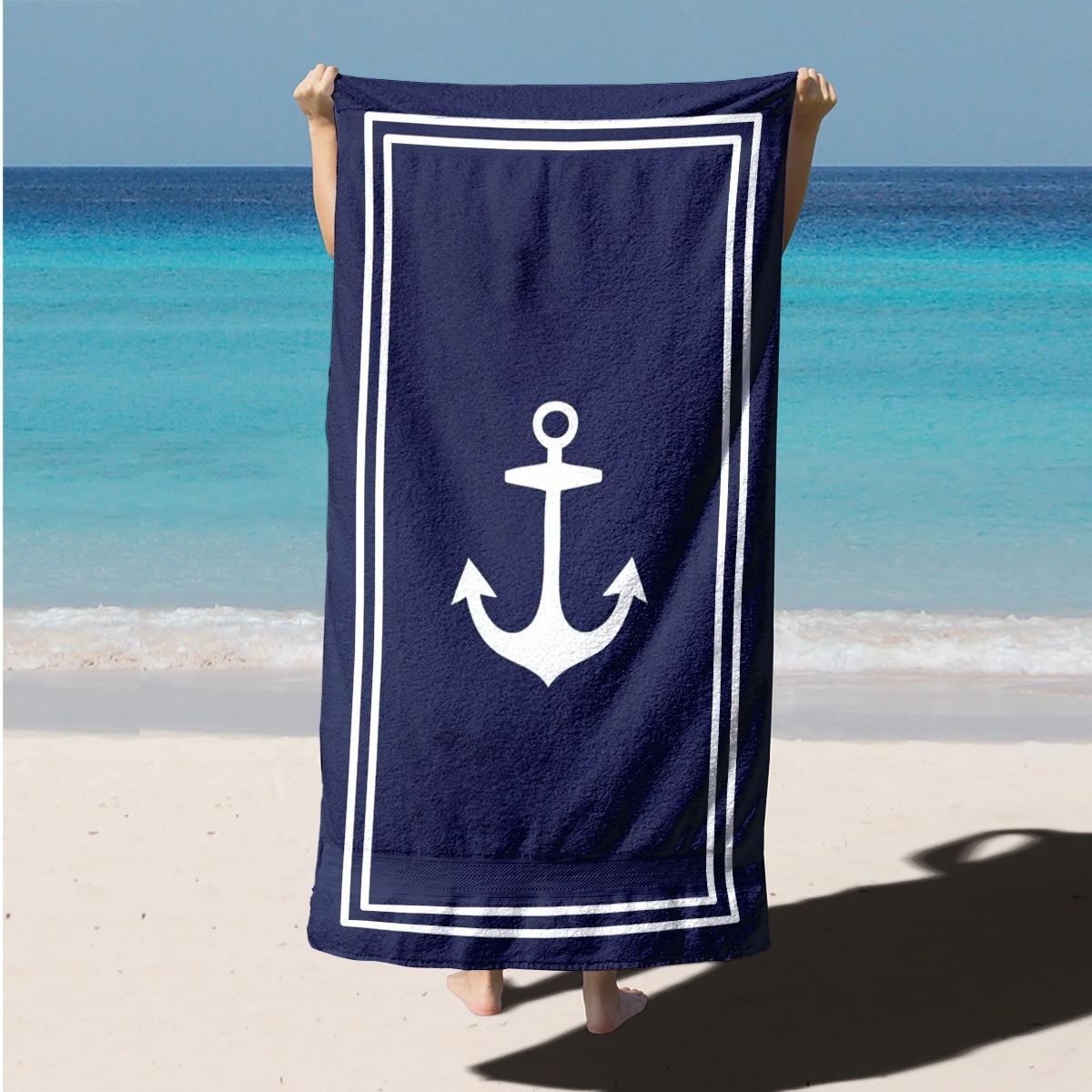 

Navy White Anchor Large Quick-Drying Beach Towel, Polyester Sand Sun Protection for Surfing Swimming W40*H60(CM)
