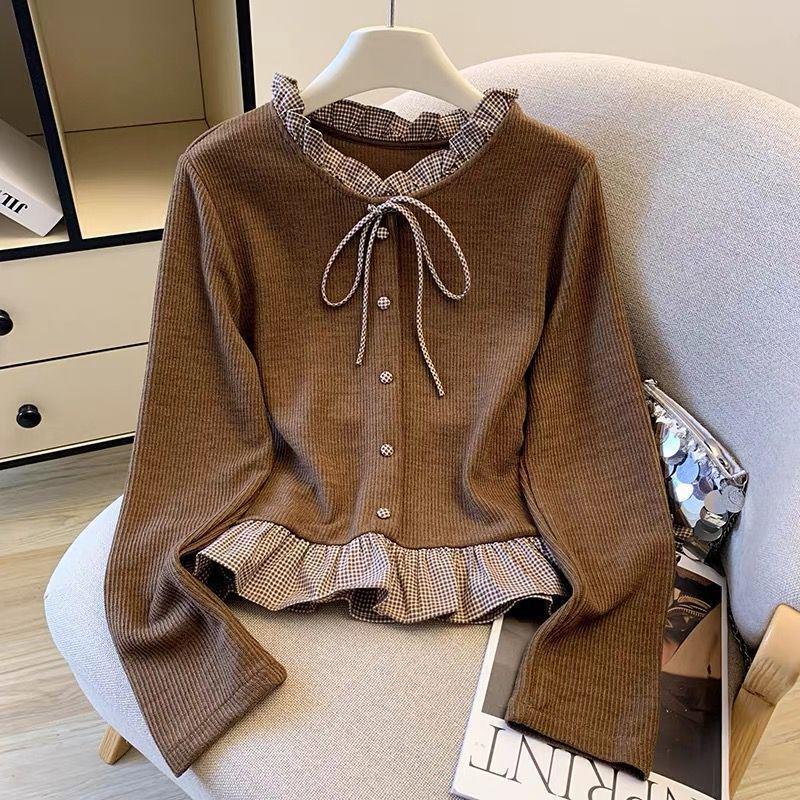 2025 Women's Plaid Patchwork Ruffle Knit Top with Lace-up Collar and Long Sleeves