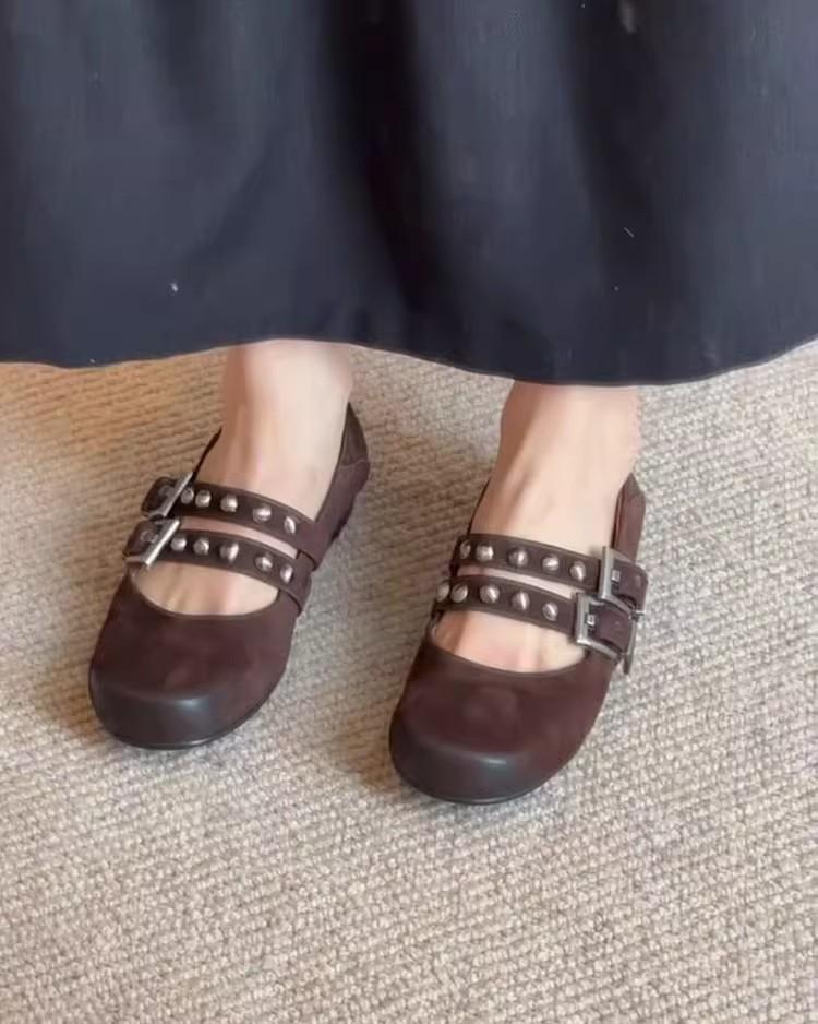 Sheepskin Version~ Stylish and Simple Rivet Double-breasted Shallow Mouth Single Shoes Women's Retro Leather Round Head Flat Mary Jane Shoes