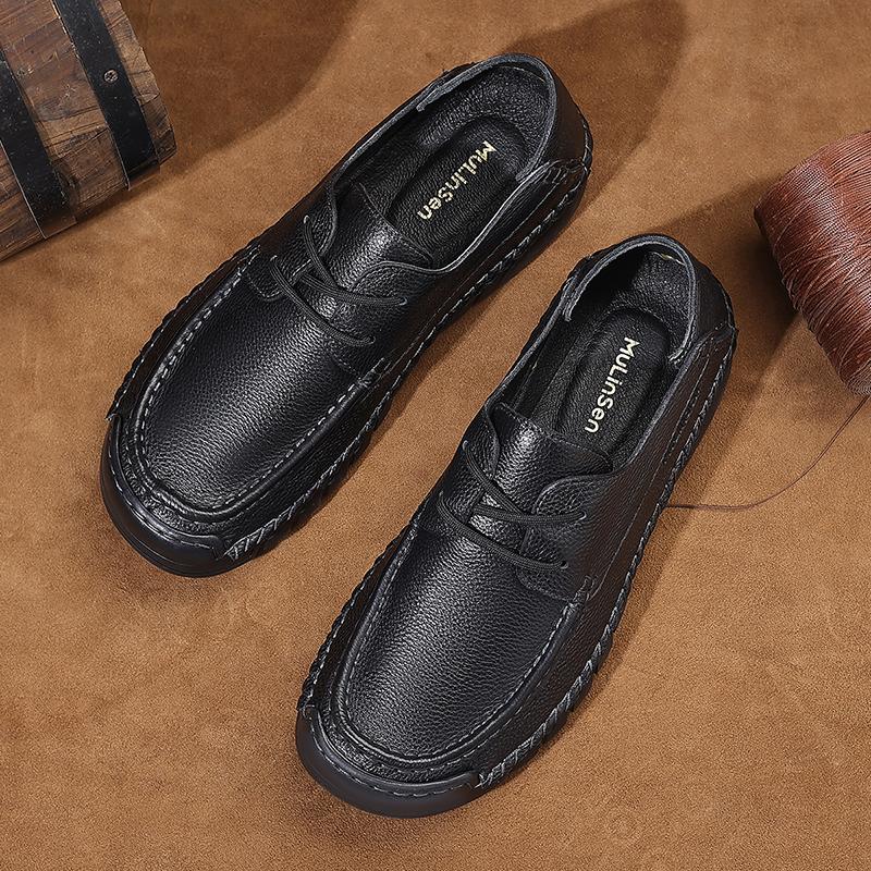 New Lightweight Top Layer Cowhide Casual Round Toe Flat Heel Men's Bean Shoes