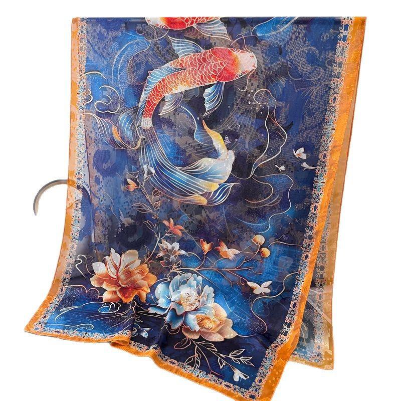 Camel Bell Dream Print Cut Flower Spring And Summer Silk Scarf Large Long Scarf High Sense Travel Shawl Sun Protection Women'S Scarf Headscarf