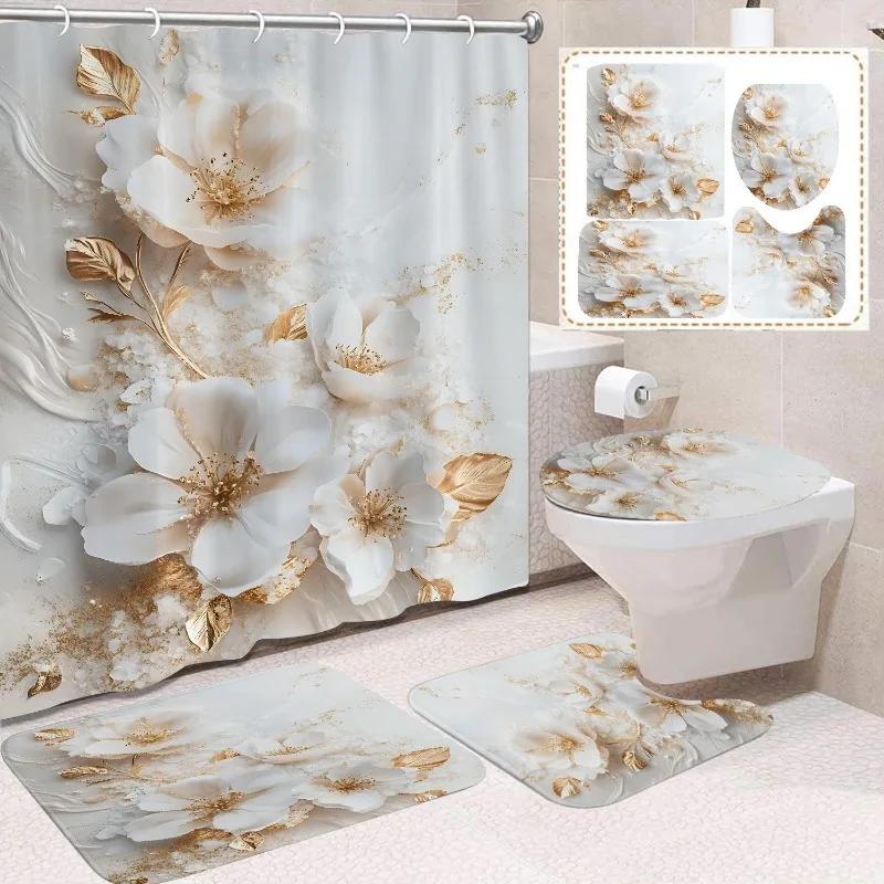 1/4 Stuks Waterdicht en schimmelbestendig Douchegordijn Luxe met Haak Douchegordijn met antislip mat U-vormige mat toiletdekselhoes