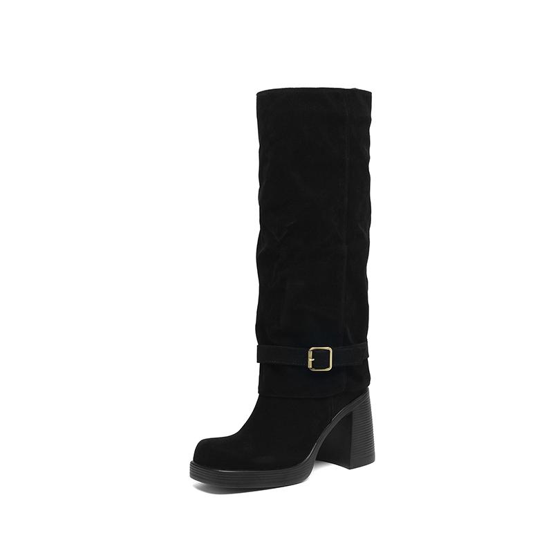 

Women s high-heeled boots autumn and winter new sexy temperament thick heel square head large size medium boots 35 чёрный