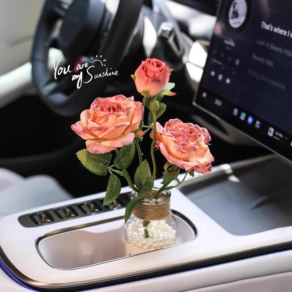 Burnt Edge Rose Imitation Oil Painting for Car Interior Decoration – Cup Holder Floral Ornament