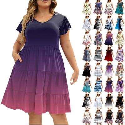 Plus Size Women's V-Neck Fashion Print Loose Comfortable Large Hem Dress