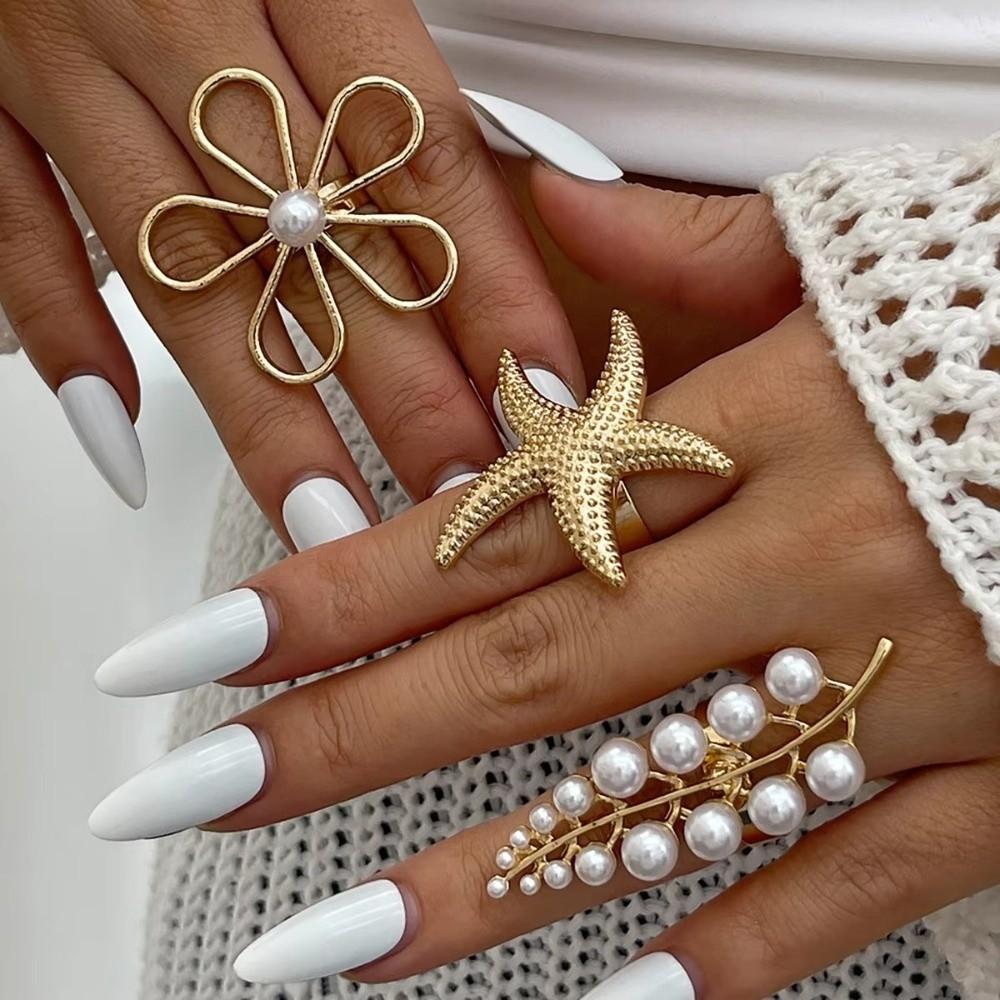 Flower Shape Starfish Ring Exaggerated Flower Ring Fashion Pearl Ring Daily Wear