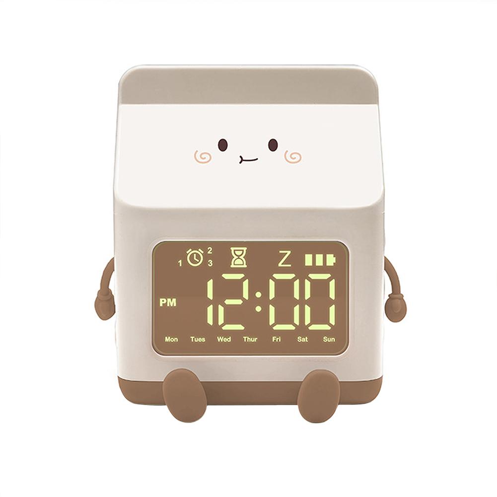 Cartoon Milk Box Alarm Clock Time temperature date Display Desk Clock With Countdown Snooze Function For Student Kids Children Brown#0
