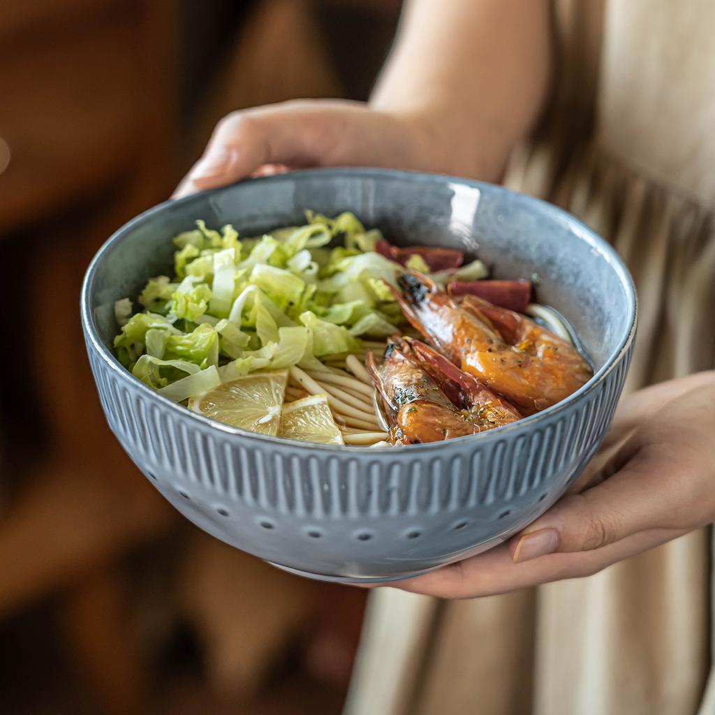 Retro Vertical Pattern Ceramic Bowl Household Dish Bowl Restaurant Noodle Bowl Salad Bowl Characteristic Ice Crack Glaze Tableware Round Bowl