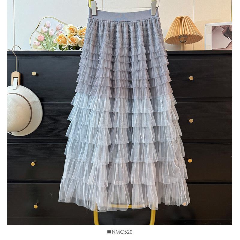 Qooth Color-Block Layered Tulle Skirt A-Line Tiered Cake Midi Skirt Elegant QT2847 синий