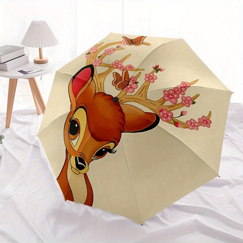 Bambi, Flowers Automatic Opening and Closing Umbrella - 8 Ribs Portable Folding Umbrella with Plastic Handle, Suitable for Leisure and Hallo