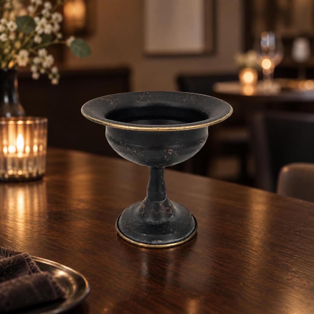Distressed Metal Pedestal Vase Floral Bowl VintageInfluenced Elevated Stem Flower