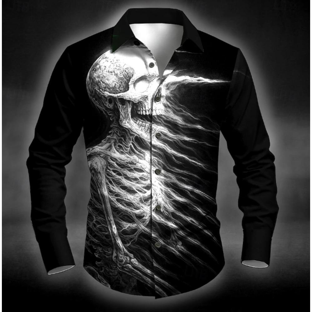 Men's Skeleton Printed Long Sleeve Shirts Casual Cardigan New Button Holiday Fashion Shirts