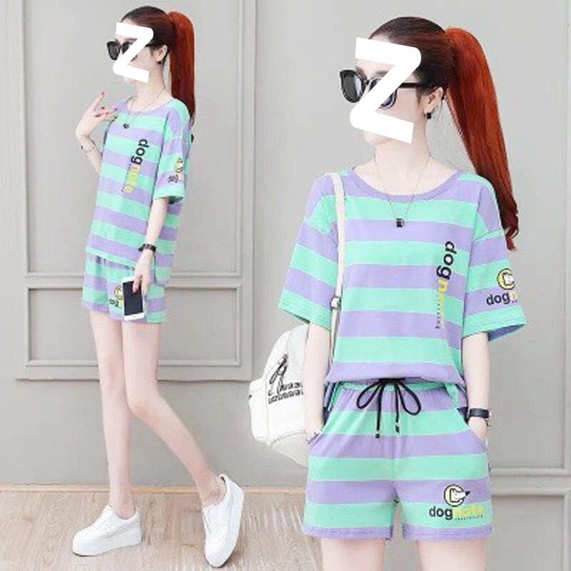 Summer Fashion Loose Short-sleeved Shorts Age-reducing Casual Two-piece Striped Shirt Sports Suit for Female Students