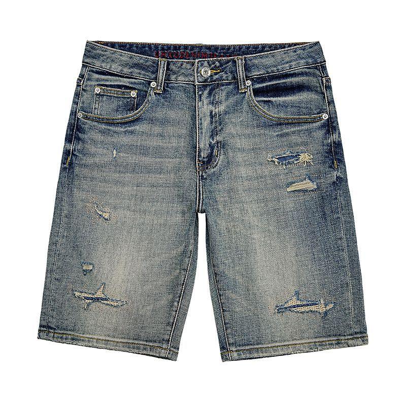 New Summer Scraped Denim Shorts Slim Straight Mid-leg Pants American Ripped Five-point Pants