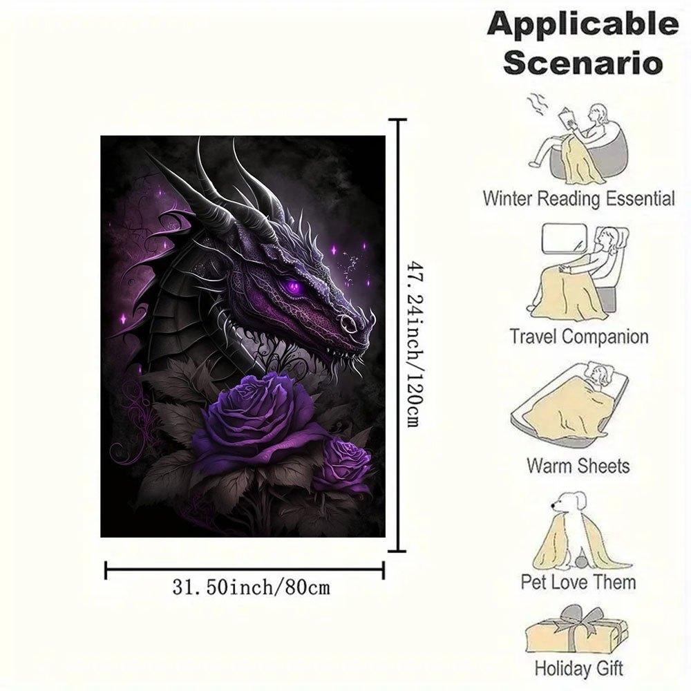 Purple Rose Dragon Wall Art Print PosterBlanket Flannel Throw Blanket for Sofa, Bed, Travel, Camping, Office, Couch, Chair, And Bed Gift for