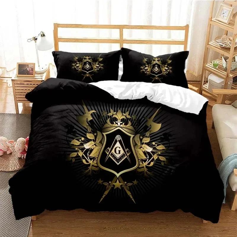 Masonic Freemason Illuminati  Bed Ensemble Boys Girls Twin Size Queen Dimension Size Bedspread Cover Pillowcase Bed Kids Adult